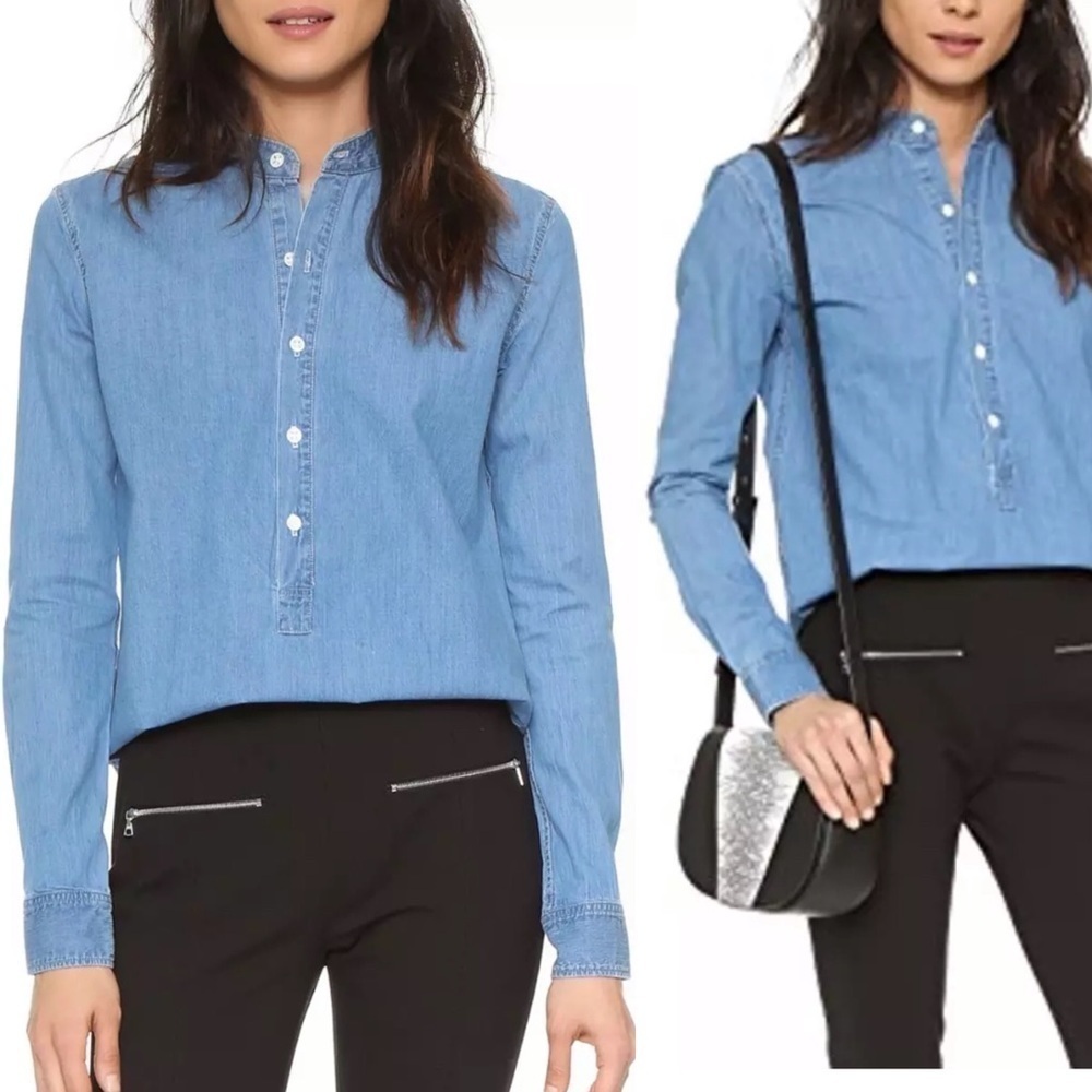 3x1 Denim Mandarin Collar Shirt in Corfu XS